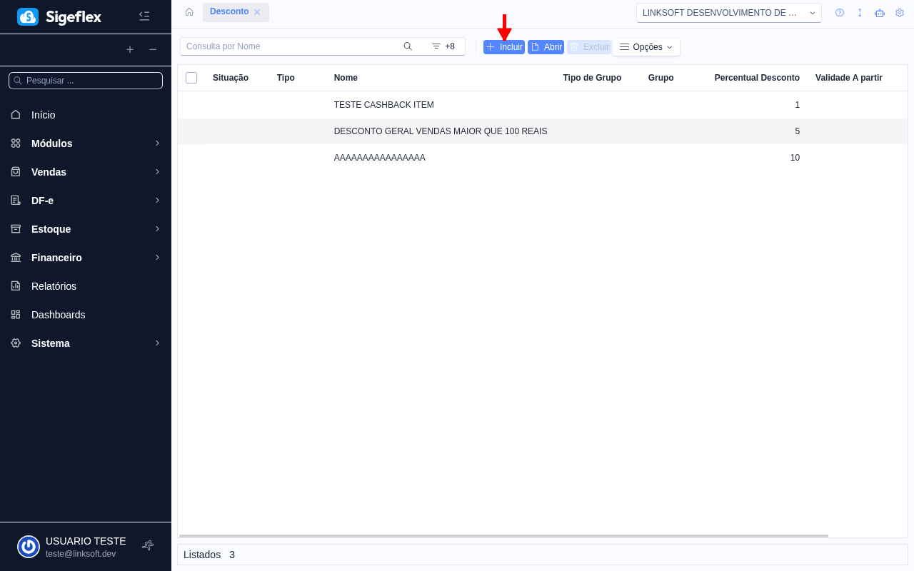 Tela de listagem de descontos