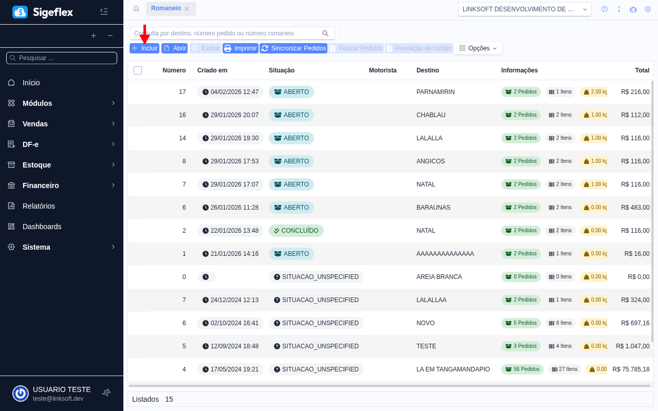 Tela de listagem de romaneios