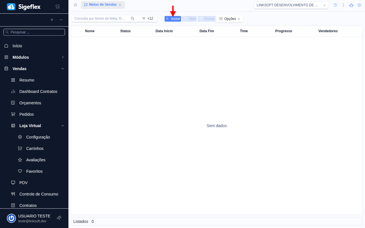 Tela de listagem de metas de vendas