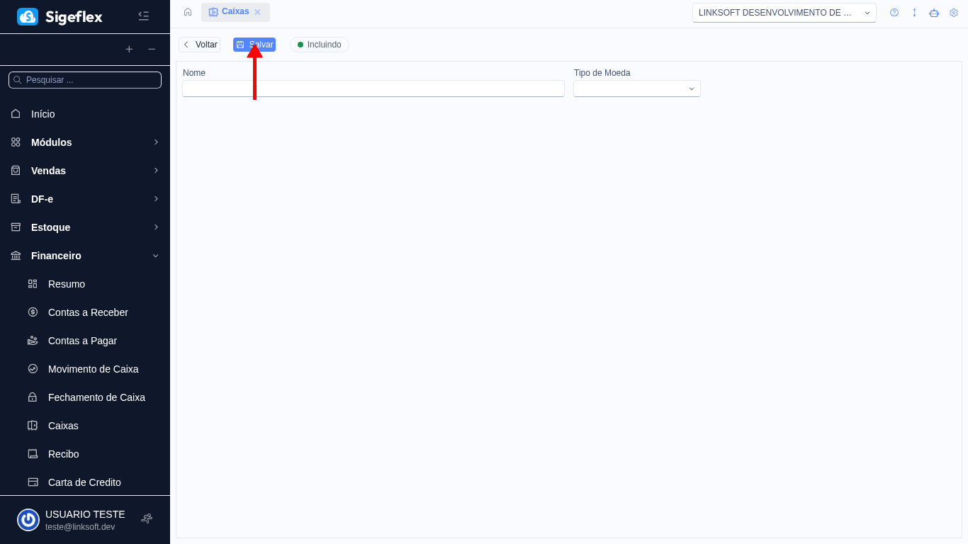 Formulário de cadastro de caixa