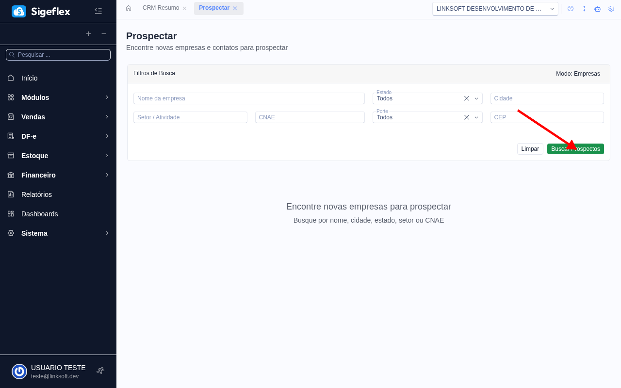 Tela de prospecção com filtros de busca e resultados