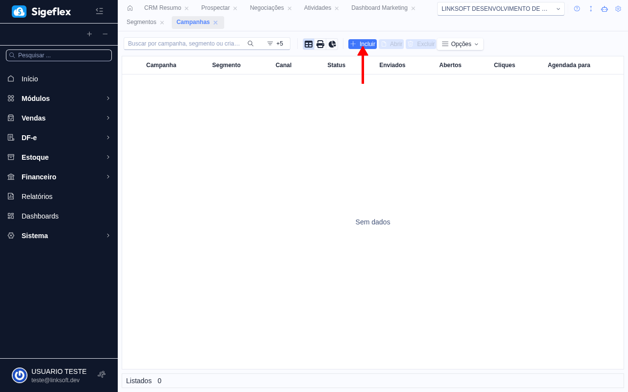 Listagem de campanhas de marketing com status e canais