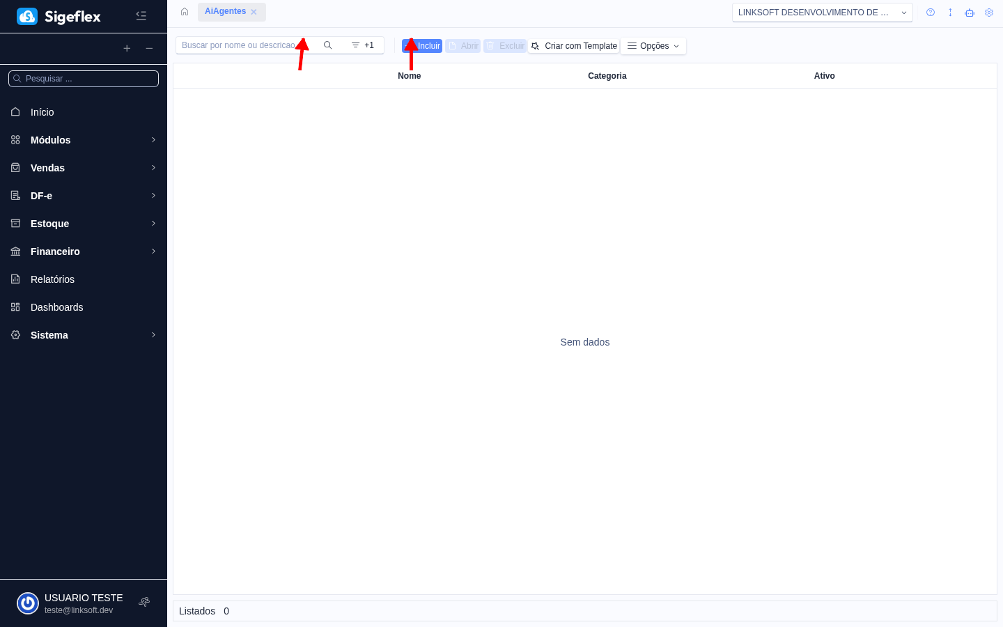 Listagem de agentes de IA com colunas de avatar, nome, categoria e status