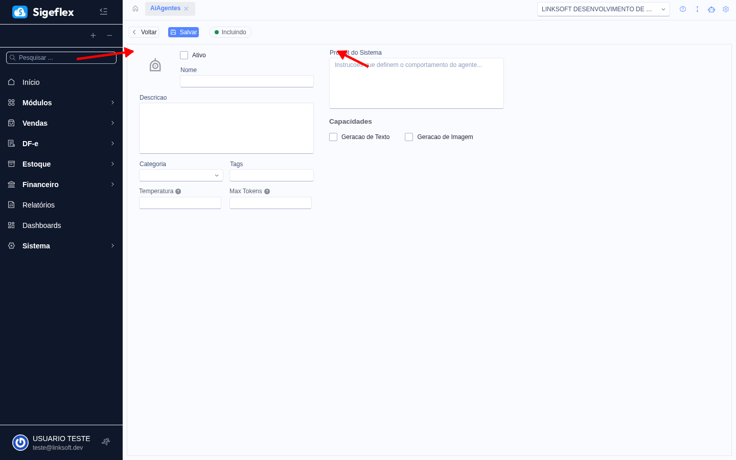Formulário de configuração do agente de IA com campos de nome, categoria, prompt e capacidades
