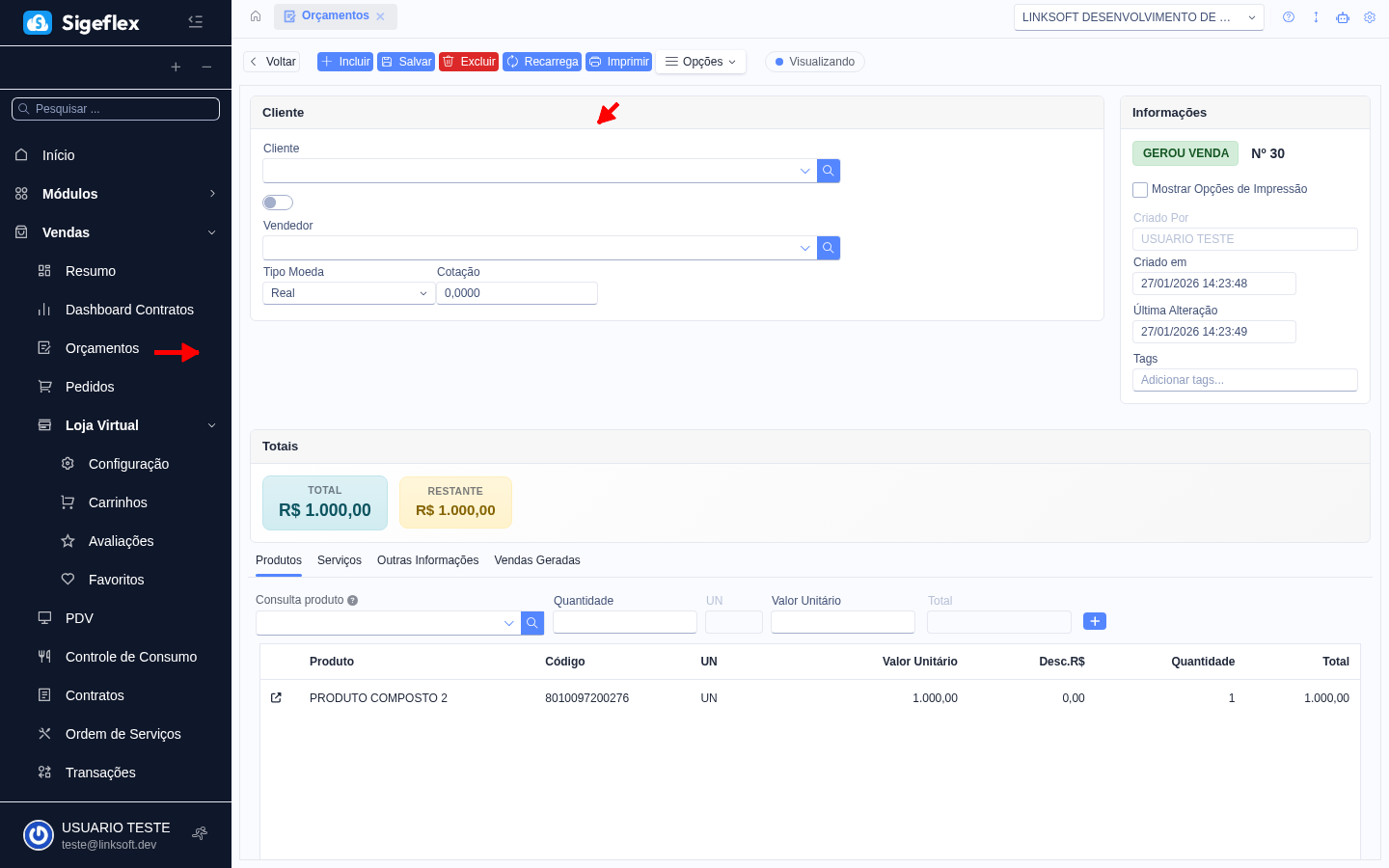 Formulário de orçamento com dados do cliente, produtos, serviços e observações
