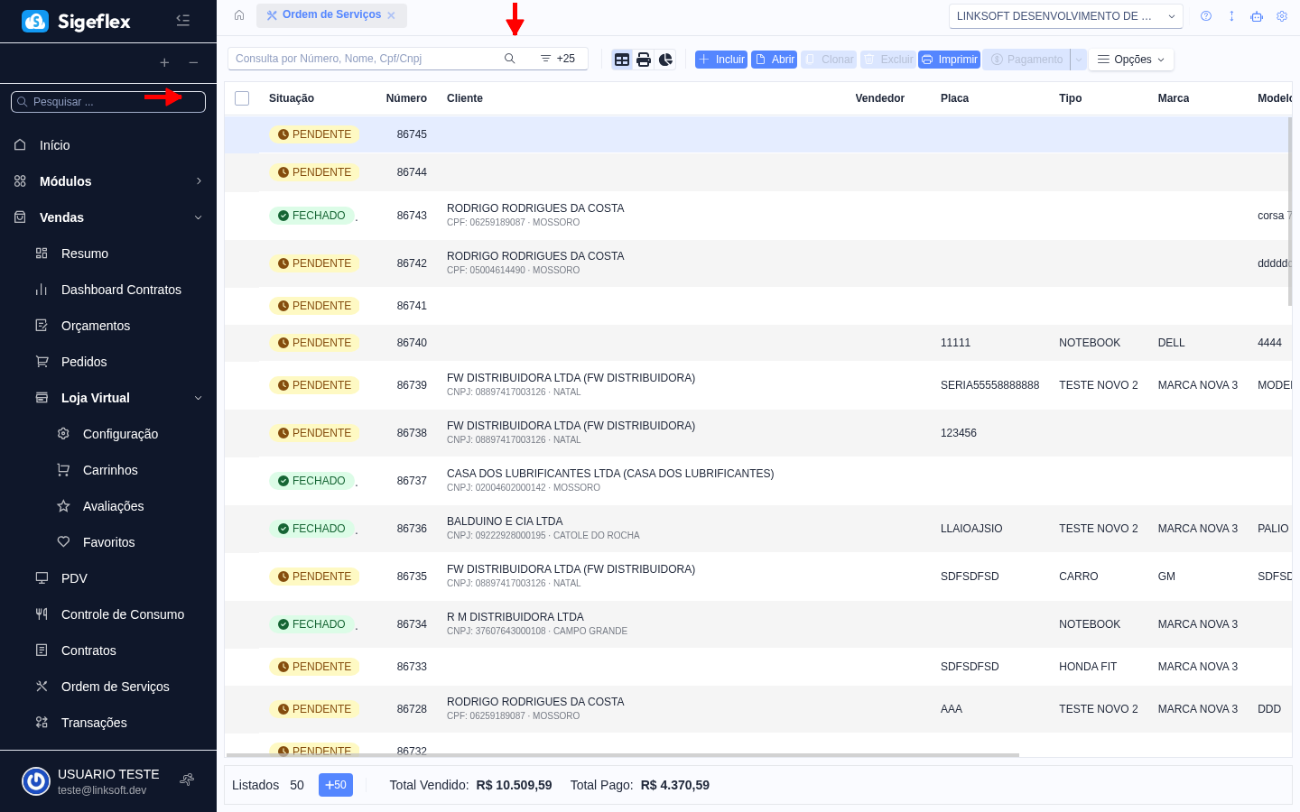 Listagem de ordens de serviço com colunas de número, cliente, objeto, valor e situação