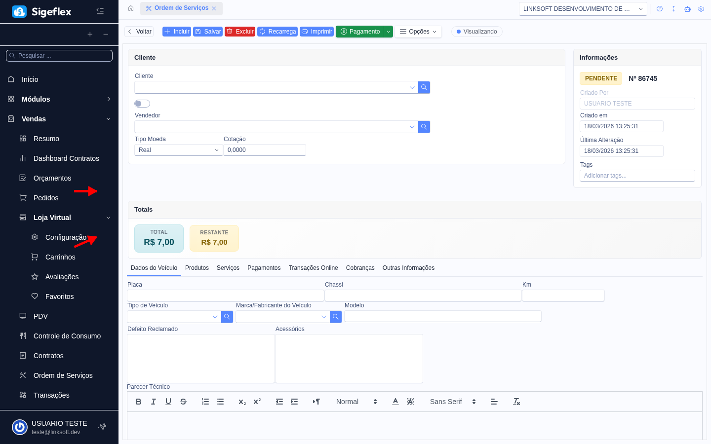 Formulário de ordem de serviço com dados do cliente, objeto, produtos e serviços