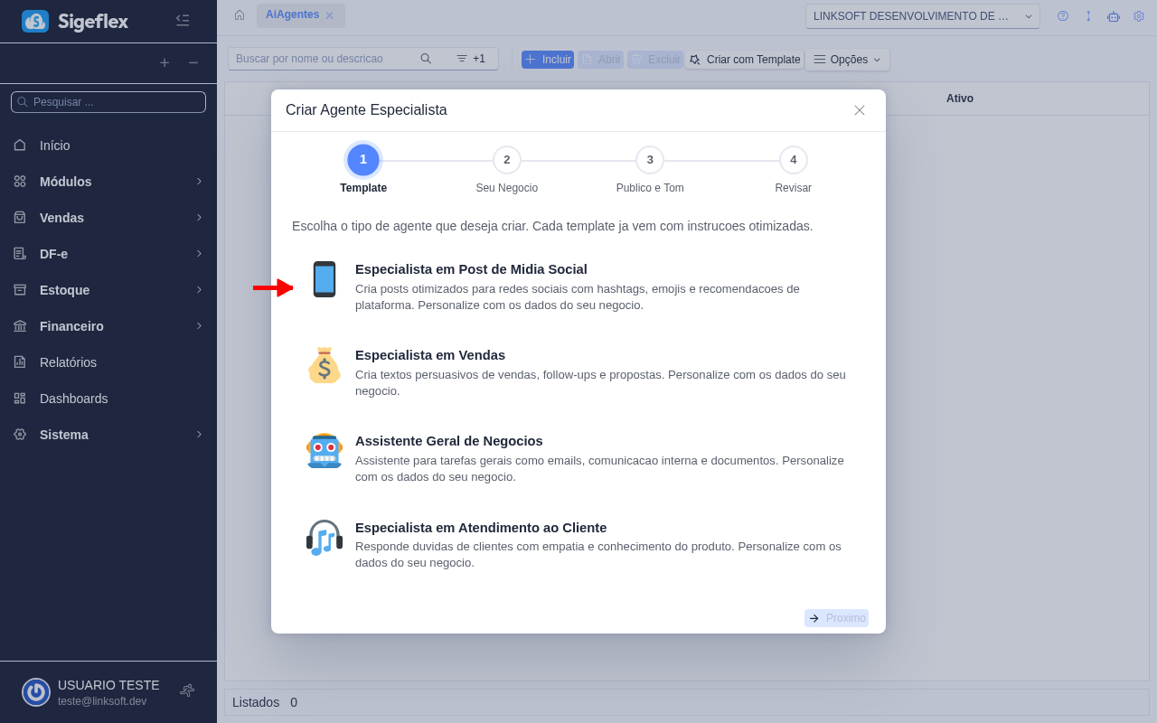 Assistente de criação - Etapa 1: Seleção de template
