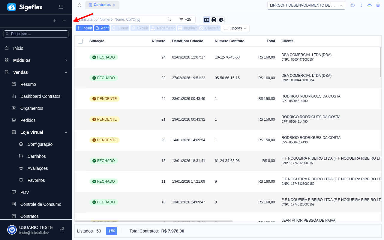 Tela de listagem de contratos