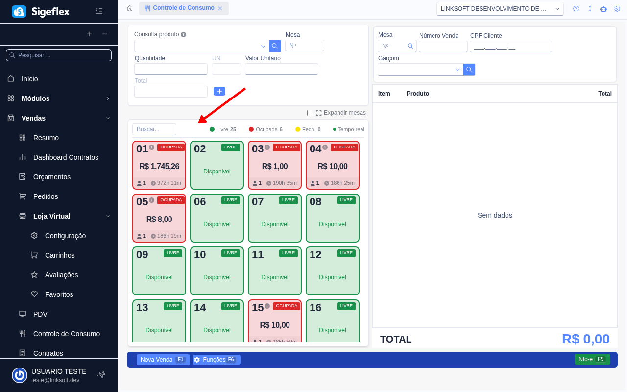 Tela do Controle de Consumo