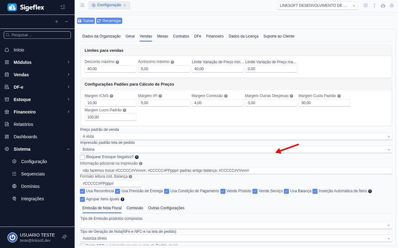 Configuração de vendas com opção de inserção automática