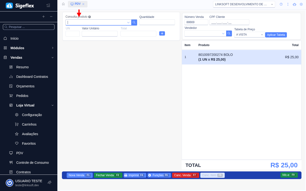 Tela do PDV com campo de consulta de produto