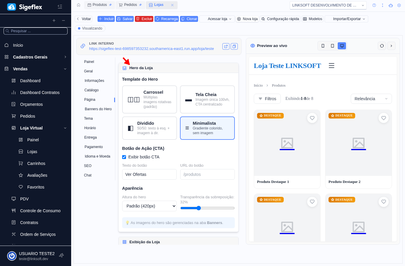 Aba Página com configuração do Hero da Loja, Exibição, Footer e Seções