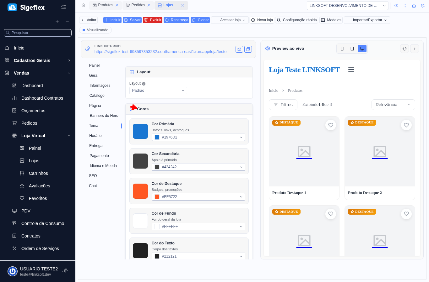 Aba Tema com Layout, paleta de Cores e preview combinado