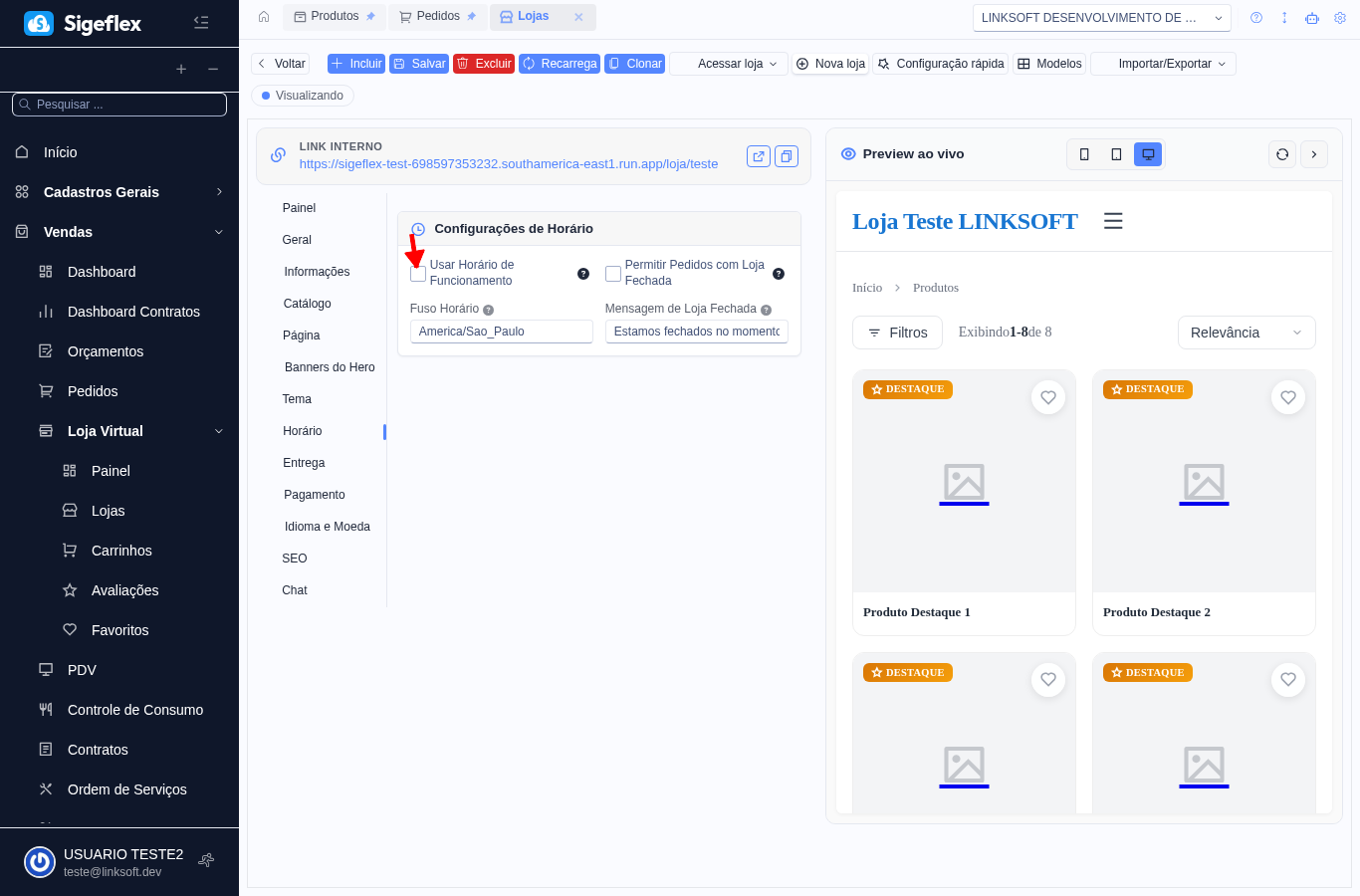 Aba Horário com checkbox Usar Horário de Funcionamento, Fuso Horário e Mensagem de Loja Fechada