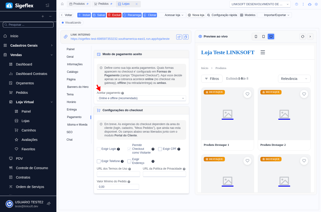 Aba Pagamento com modo de pagamento aceito e configurações do checkout