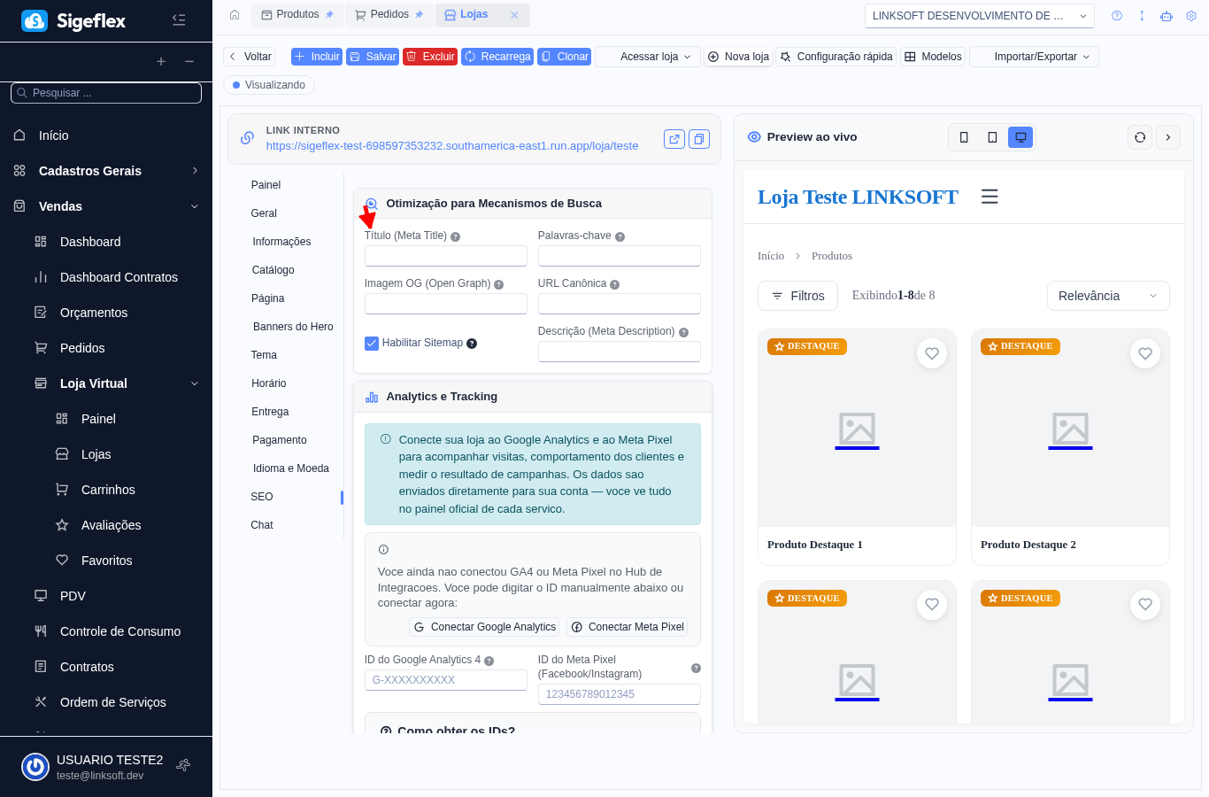 Aba SEO com Título, Descrição, Sitemap, Analytics e Tracking