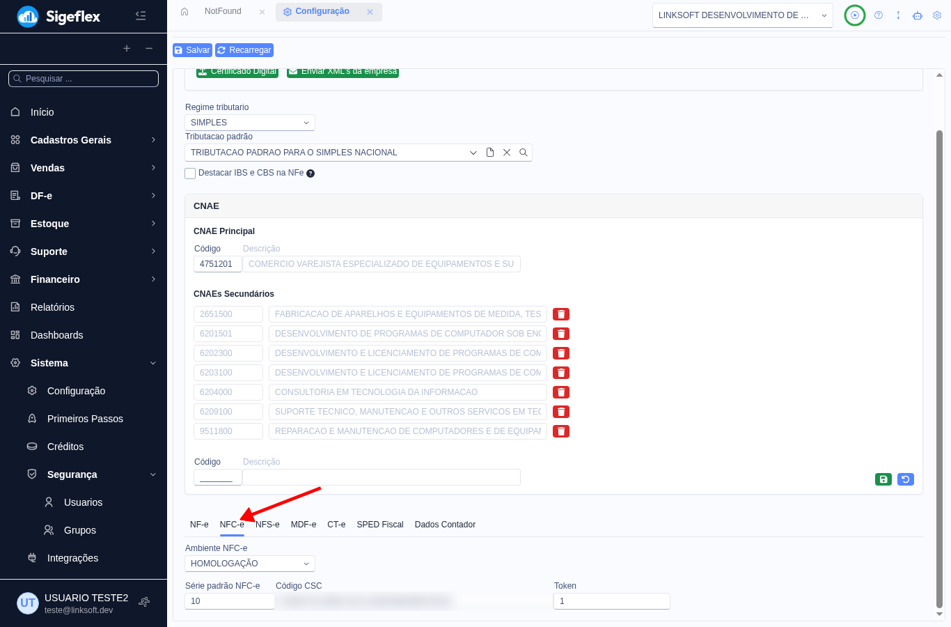 Sub-aba NFC-e da configuração com os campos Código CSC e Token