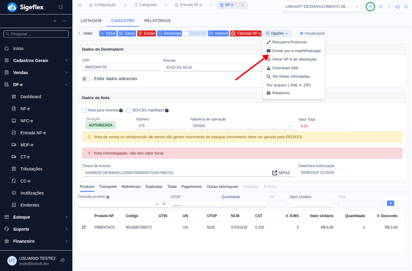 Cadastro da nota com a opção Enviar por e-mail/Whatsapp no menu Opções