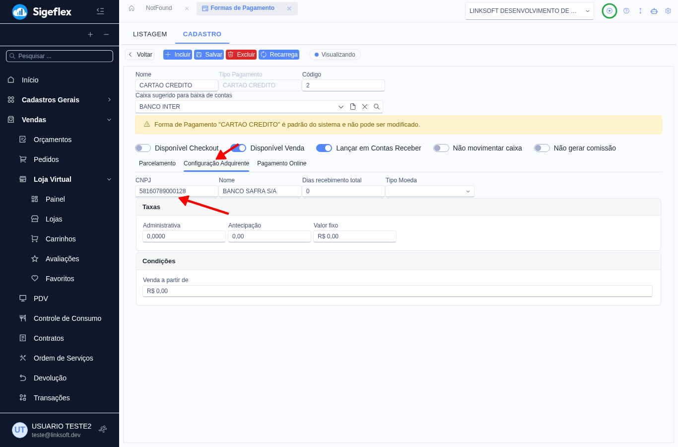 Cadastro da forma de pagamento na aba Configuração Adquirente