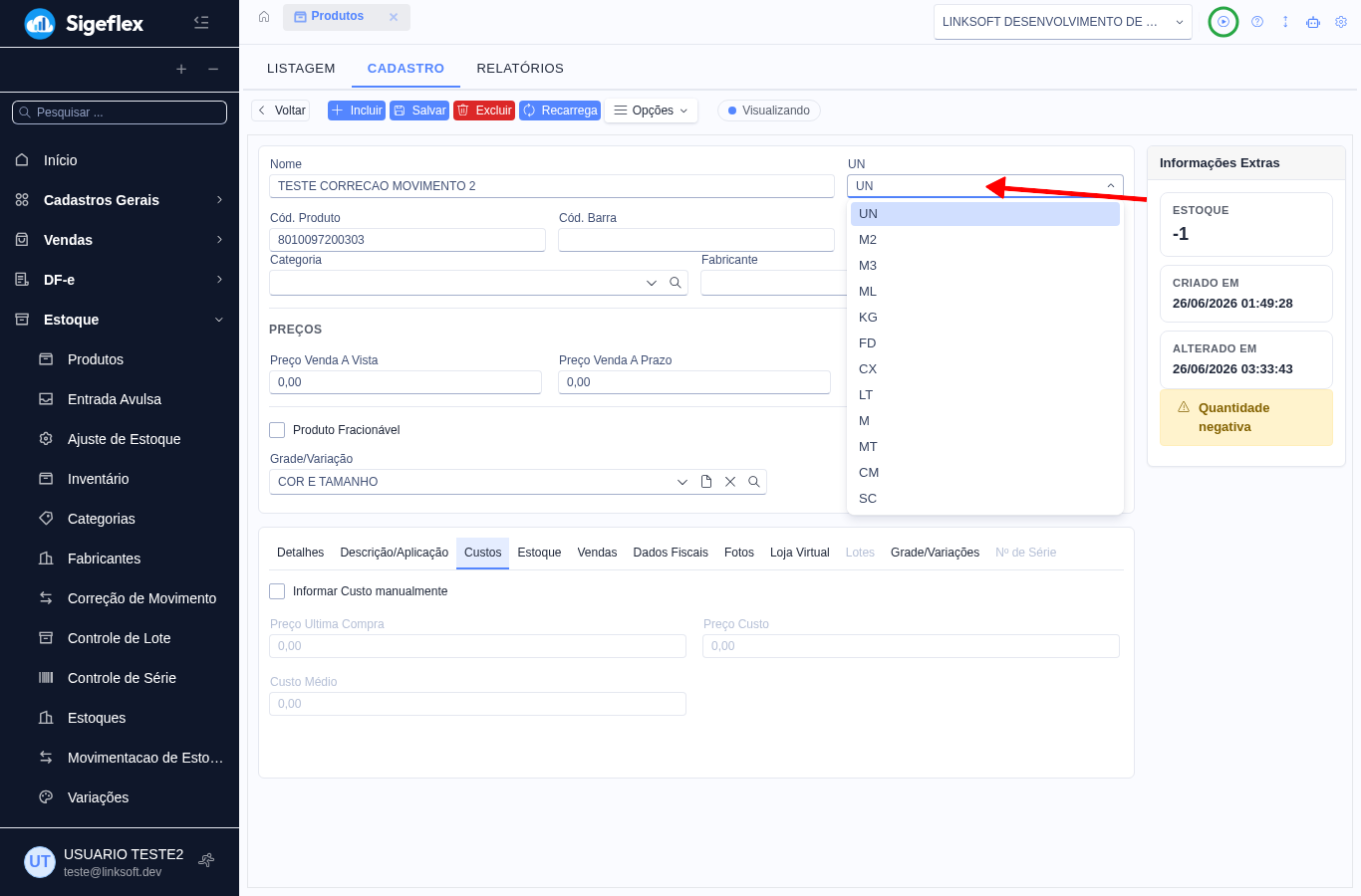Campo UN do produto com a lista de unidades disponíveis