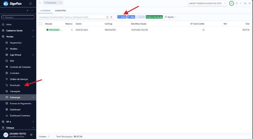 Menu Vendas > Devolução e botão Incluir na listagem