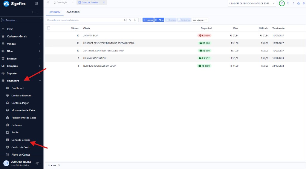 Menu Financeiro > Carta de Crédito na listagem