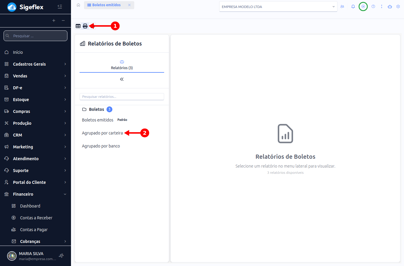 Relatórios de Boletos com o ícone de impressora e a lista de relatórios disponíveis