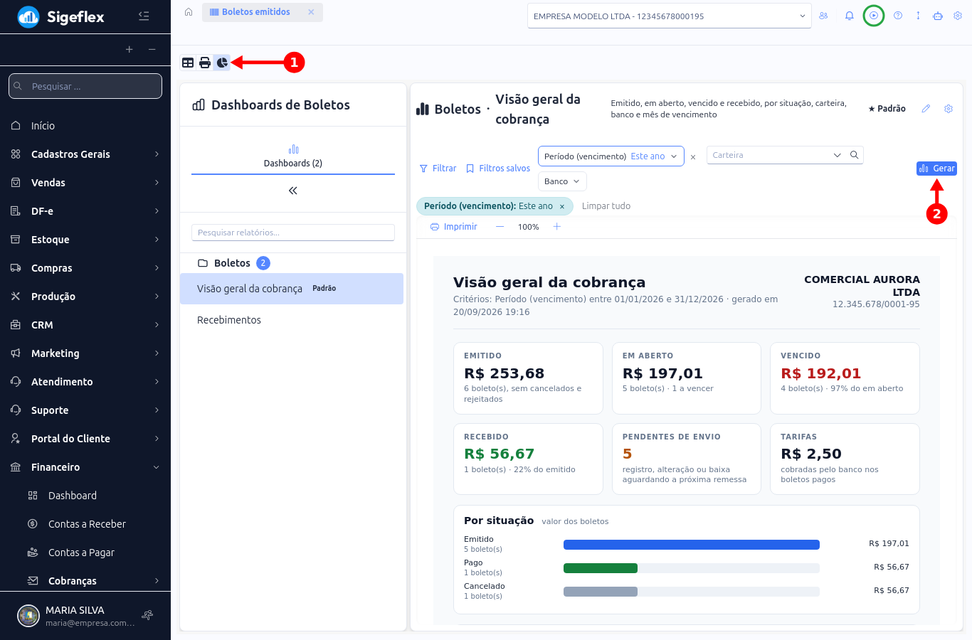 Dashboard Visão geral da cobrança com o ícone de gráfico, o botão Gerar e os cartões de emitido, em aberto, vencido e recebido