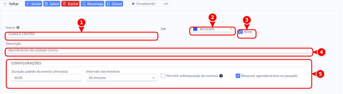 Cadastro de uma agenda com Nome, Cor, Ativa, Descrição e o quadro Configurações, numerados de 1 a 5