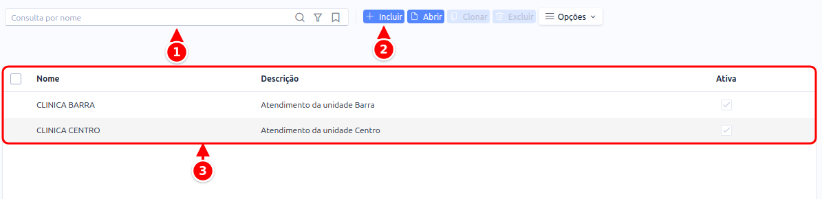 Listagem de Agendas com a busca, o botão Incluir e a grade com nome, descrição e situação, numerados de 1 a 3
