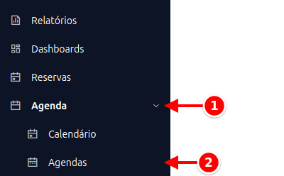 Menu lateral com Agenda e Agendas numerados de 1 a 2