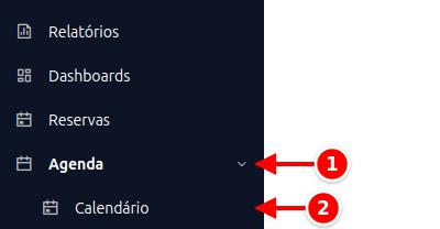 Menu lateral com Agenda e Calendário numerados de 1 a 2