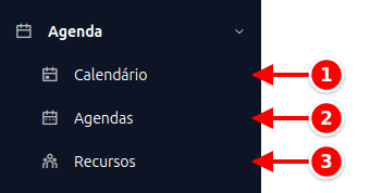 Menu lateral com os itens da Agenda numerados de 1 a 3
