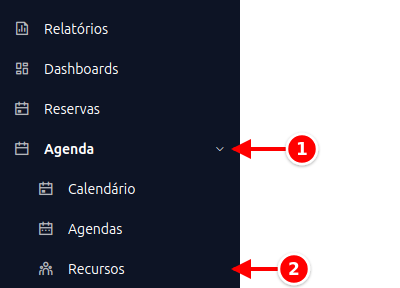 Menu lateral com Agenda e Recursos numerados de 1 a 2