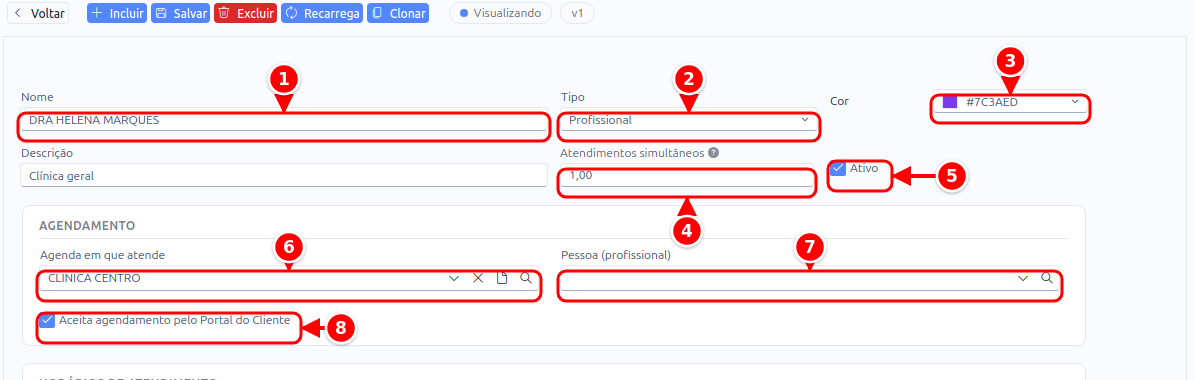 Cadastro de um recurso com Nome, Tipo, Cor, Atendimentos simultâneos, Ativo e o quadro Agendamento, numerados de 1 a 8