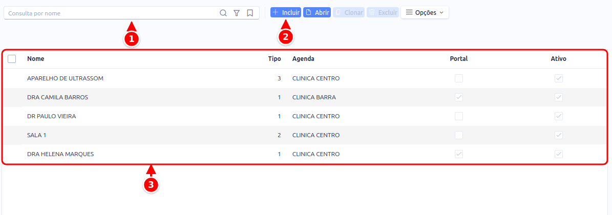Listagem de Recursos com a busca, o botão Incluir e a grade com nome, tipo, agenda, portal e situação, numerados de 1 a 3