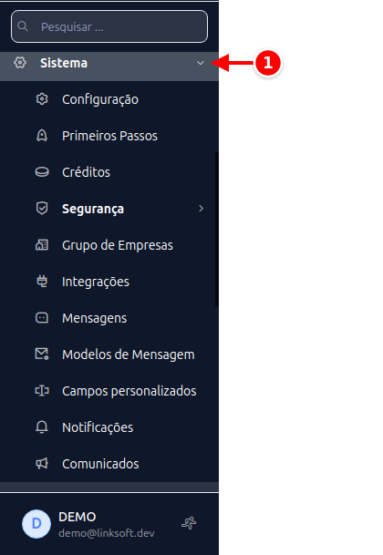 Menu lateral com Sistema e Arquivos numerados de 1 a 2