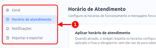 Lista de abas dos Ajustes numerada como 1
