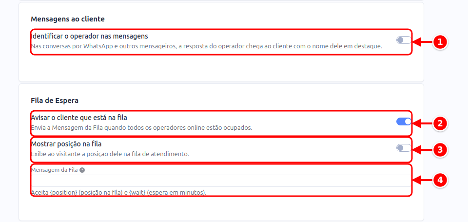 Cartões Mensagens ao cliente e Fila de Espera com as chaves e a Mensagem da Fila numeradas de 1 a 4