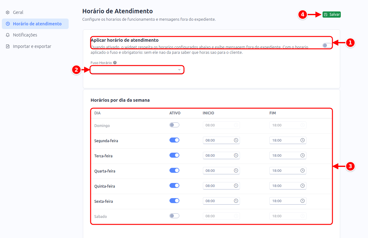 Aba Horário de atendimento com a chave Aplicar horário de atendimento, o Fuso Horário, a tabela de dias e o botão Salvar numerados de 1 a 4