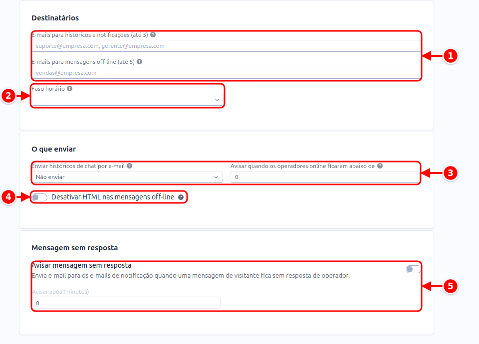 Aba Notificações com os e-mails, o fuso, o que enviar, a chave de HTML e o aviso de mensagem sem resposta numerados de 1 a 5