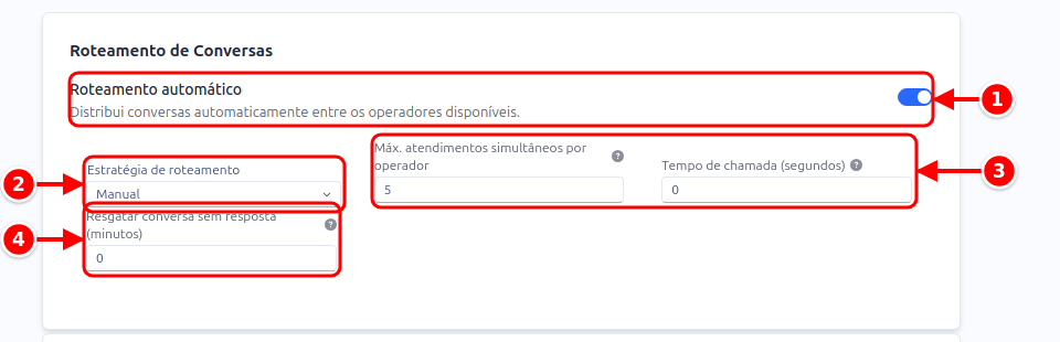 Cartão Roteamento de Conversas com a chave Roteamento automático, a estratégia, o máximo de atendimentos, o tempo de chamada e o resgate numerados de 1 a 4