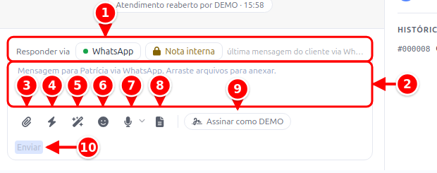 Campo de mensagem com a barra Responder via, o campo de texto, os botões de anexo, frases prontas, sugestão com IA, emoji, áudio e modelo, a assinatura e o botão Enviar numerados de 1 a 10