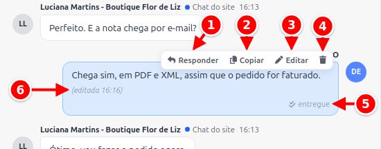 Mensagem do operador com as ações Responder, Copiar, Editar e Apagar, o sinal de entrega e a marca de editada, numerados de 1 a 6