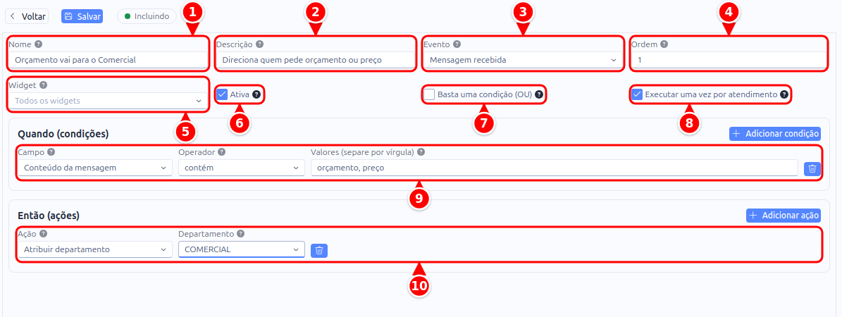 Formulário de uma regra com nome, descrição, evento, ordem, widget, chaves, condição e ação numerados de 1 a 10