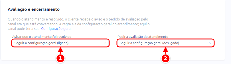 Seção Avaliação e encerramento com os campos Avisar que o atendimento foi resolvido e Pedir a avaliação do atendimento numerados de 1 a 2