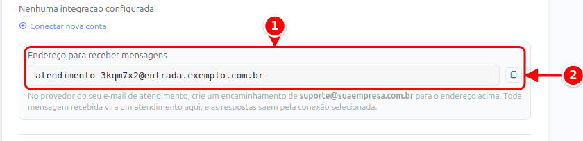 Seção Geral de um canal de e-mail com o Endereço para receber mensagens e o botão de copiar numerados de 1 a 2