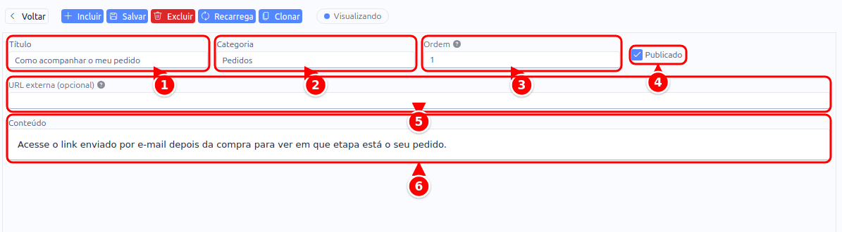Formulário do artigo com Título, Categoria, Ordem, Publicado, URL externa e Conteúdo numerados de 1 a 6