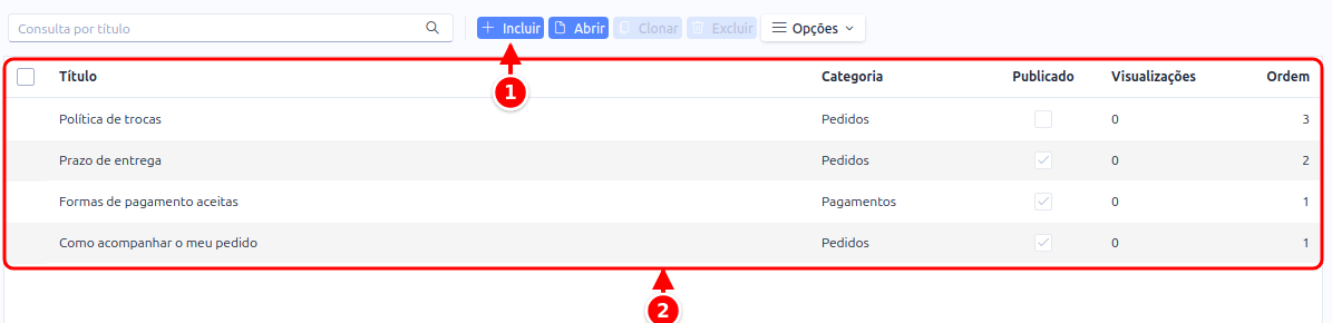 Lista de artigos da Central de Ajuda com o botão Incluir e a grade numerados de 1 a 2